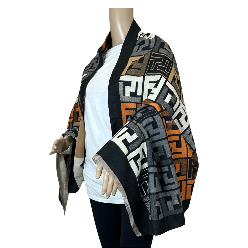 Source Unknown F Poncho Scarf Orange Black Multi OS - Picture 8 of 13
